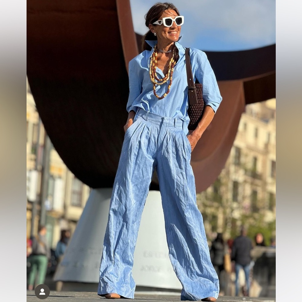Zara Light Blue One-Shoulder Top and Wide-Leg Pants Set - Picture 11 of 16